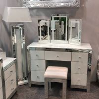 Bianco White & Mirrored Dressing Table Set with Stool & tri fold Mirror