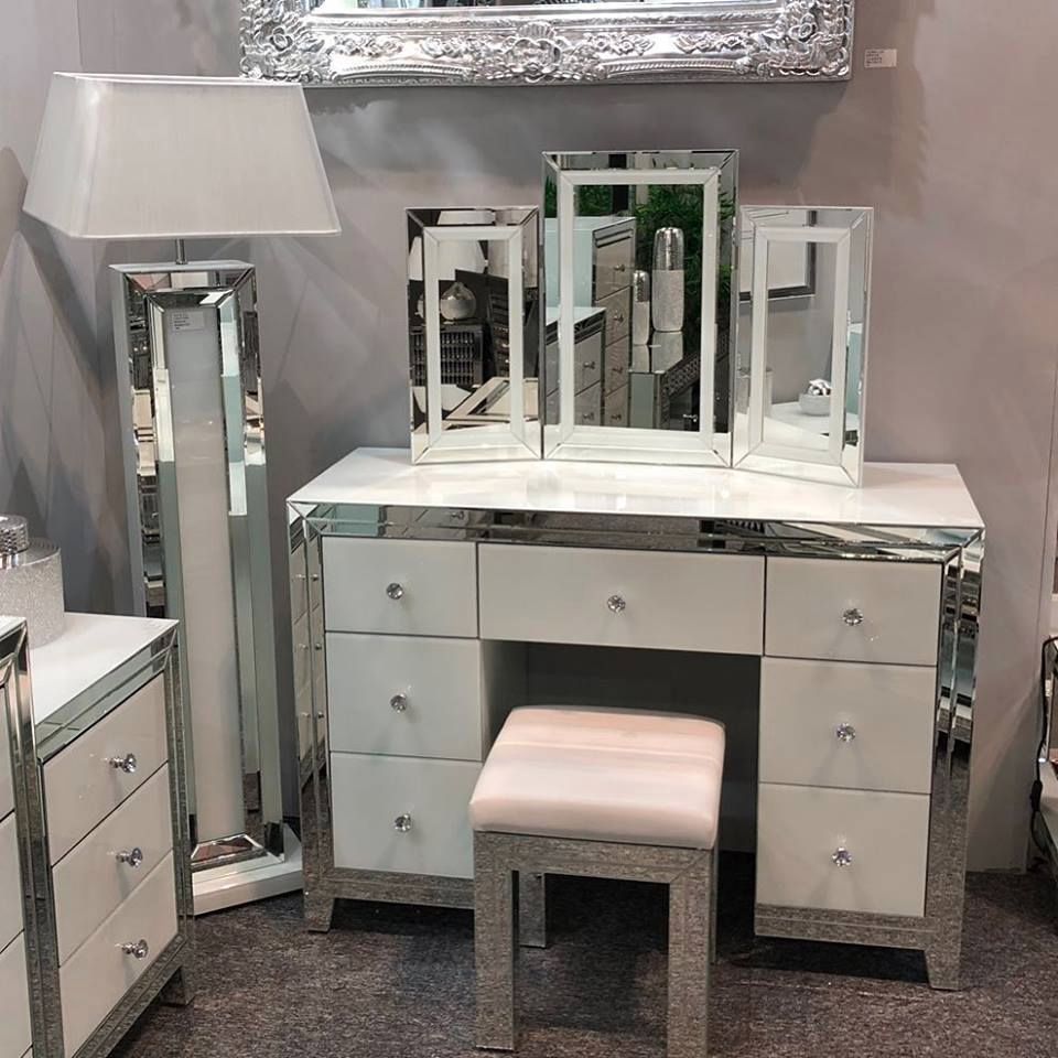 Bianco White Mirrored Dressing Table Set With Stool Tri Fold Mirror