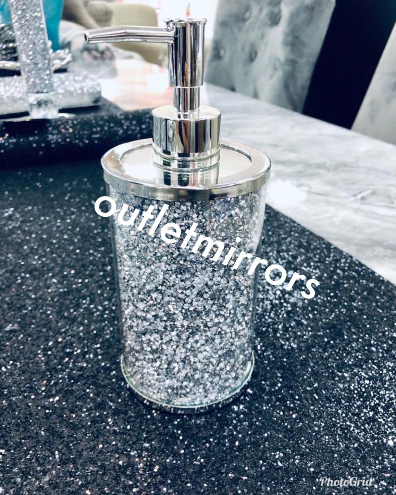 BATHROOM SET 2 Crushed Diamond Crystal Filled Jars Silver Bling Dispenser New 