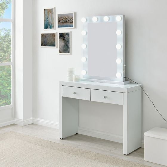 Hollywood Glass Console & Desktop Mirror in White with Bluetooth Speaker