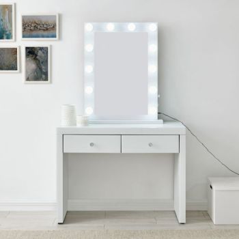 Hollywood Glass Console & Desktop Mirror in White with Bluetooth Speaker