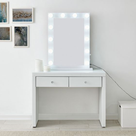 Hollywood Glass Console & Desktop Mirror in White with Bluetooth Speaker