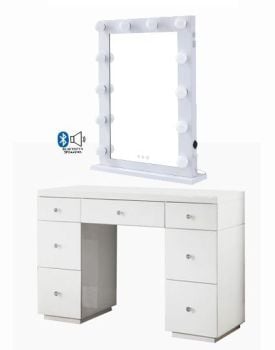 Hollywood Glass Dresser & Desktop Mirror in White with Bluetooth Speaker