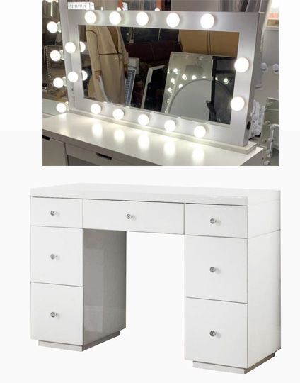 Hollywood Glass Dresser & Large Desktop Mirror in White with Bluetooth Spea