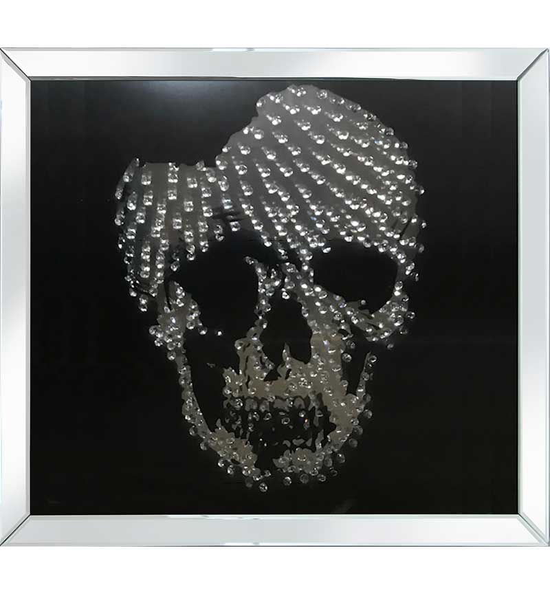 Floating Crystals "Skull" Decor on Black Gloss & Silver Bevelled Mirrored Frame 70cm x 70cm