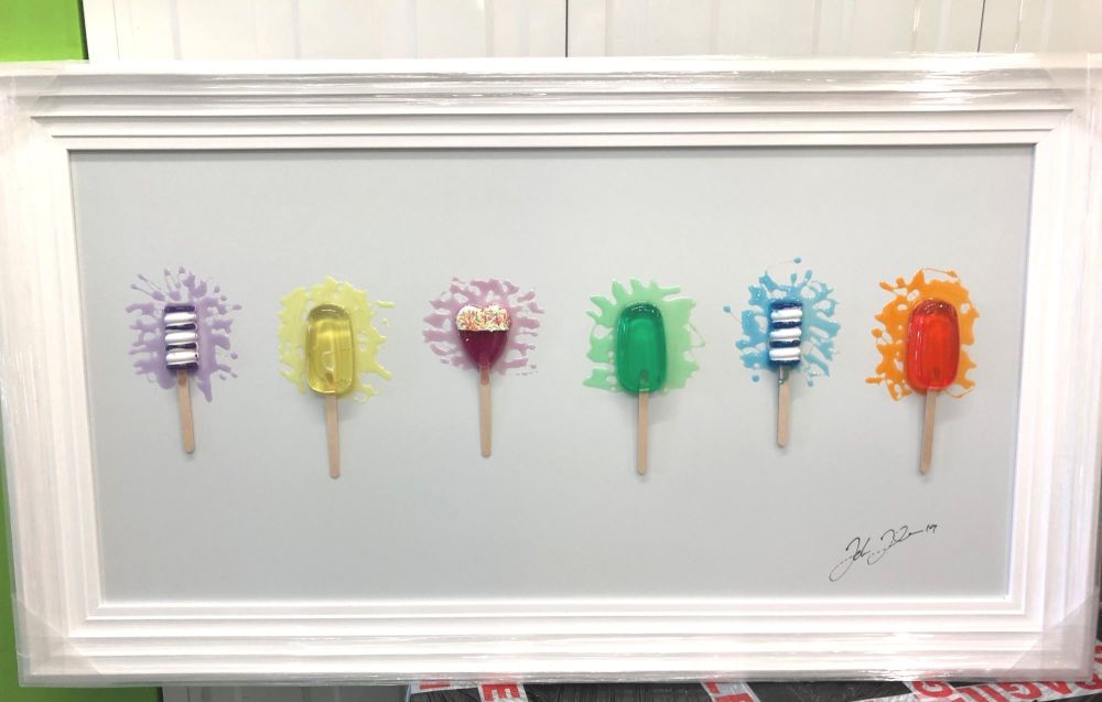 Jake Johnson 3D colourful Ice Pops wall art on a white gloss background whi