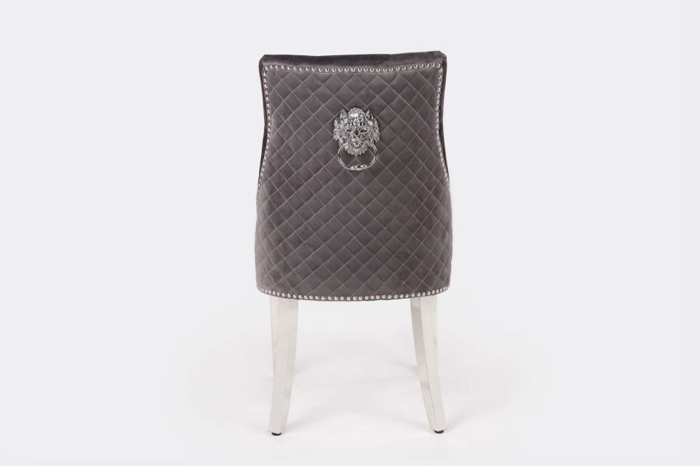 Majestic Lion Back Dining Chair Quilted Stitch Back Design in Grey with Chrome Leg