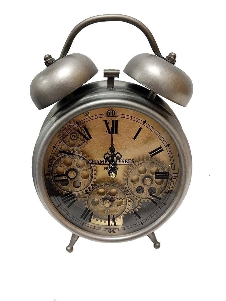 Silver Faux Alarm Skeleton Clock - 26cm