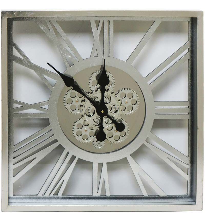 80x80cm Square Modern Moving Gears Wall Clock - Grey With Silver Distressed  Metal