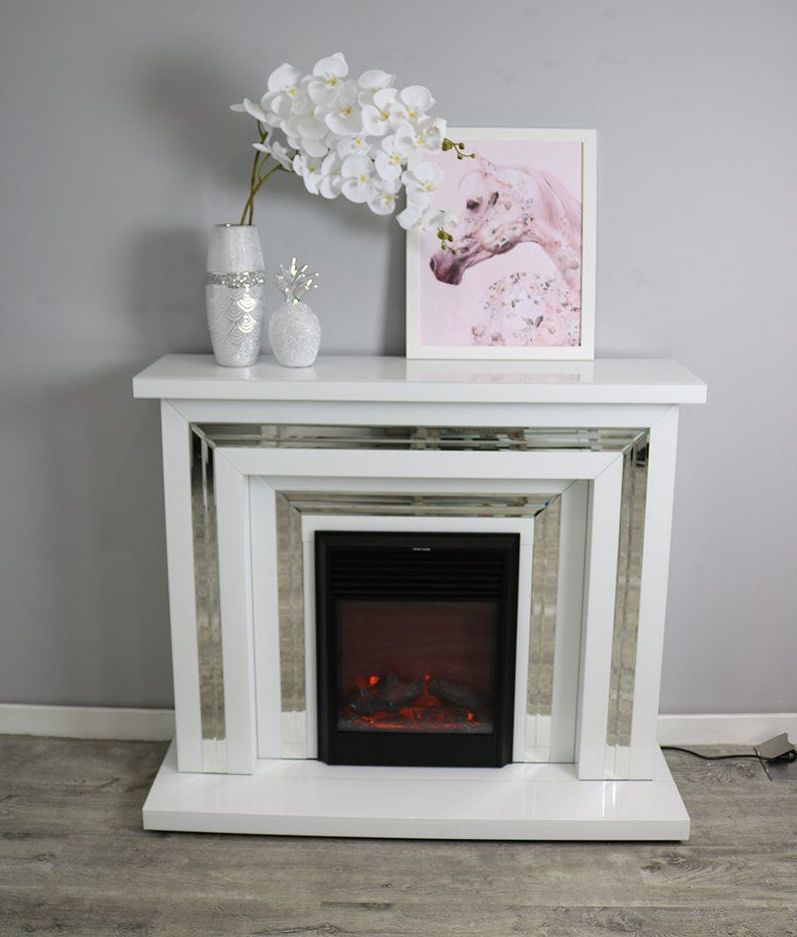 Bianco White & Silver Mirrored Fire Surround  with electric fire