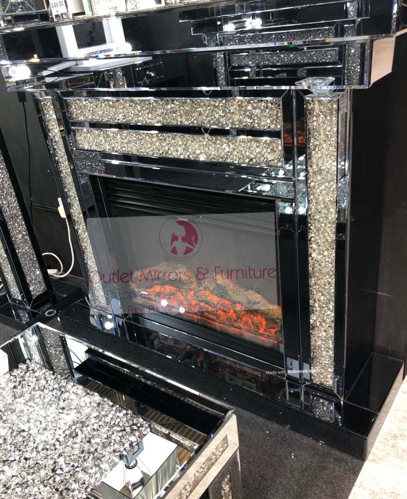 * Diamond Crush Sparkle Mirrored fire surround with electric fire IN Smoked