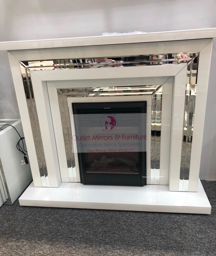 Bianco White & Silver Mirrored Fire Surround  with electric fire 