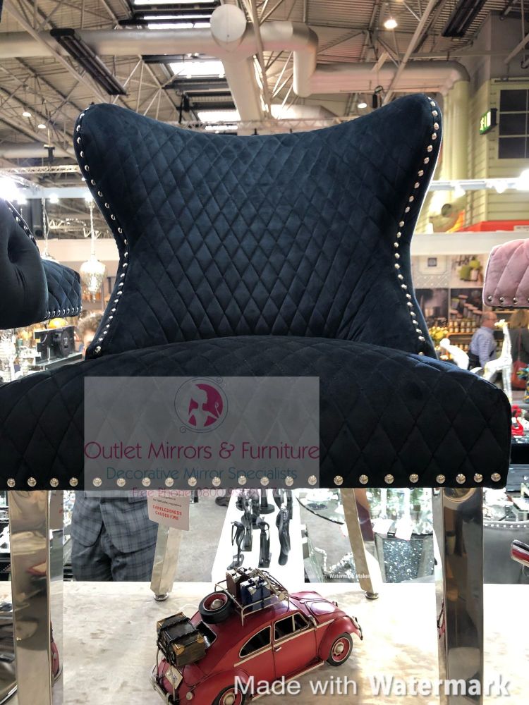 Valentino Lion Knocker Back Dining Chair Quilted Stitch seat and Buttoned Back Design in Black with Chrome Leg
