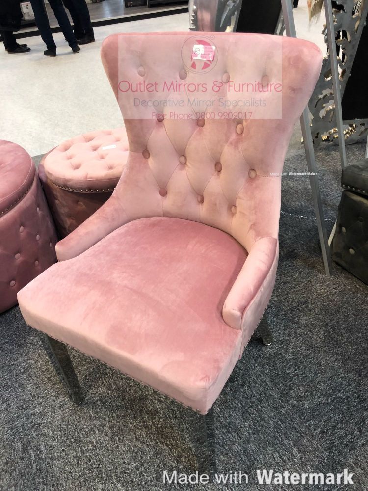 Luxury Knocker Back Pink Velvet Dining Chair with chrome leg