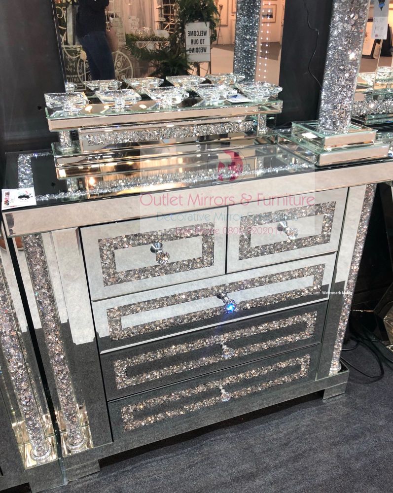 * Diamond Crush Sparkle Pillar Mirrored 3+2 Chest of Drawers