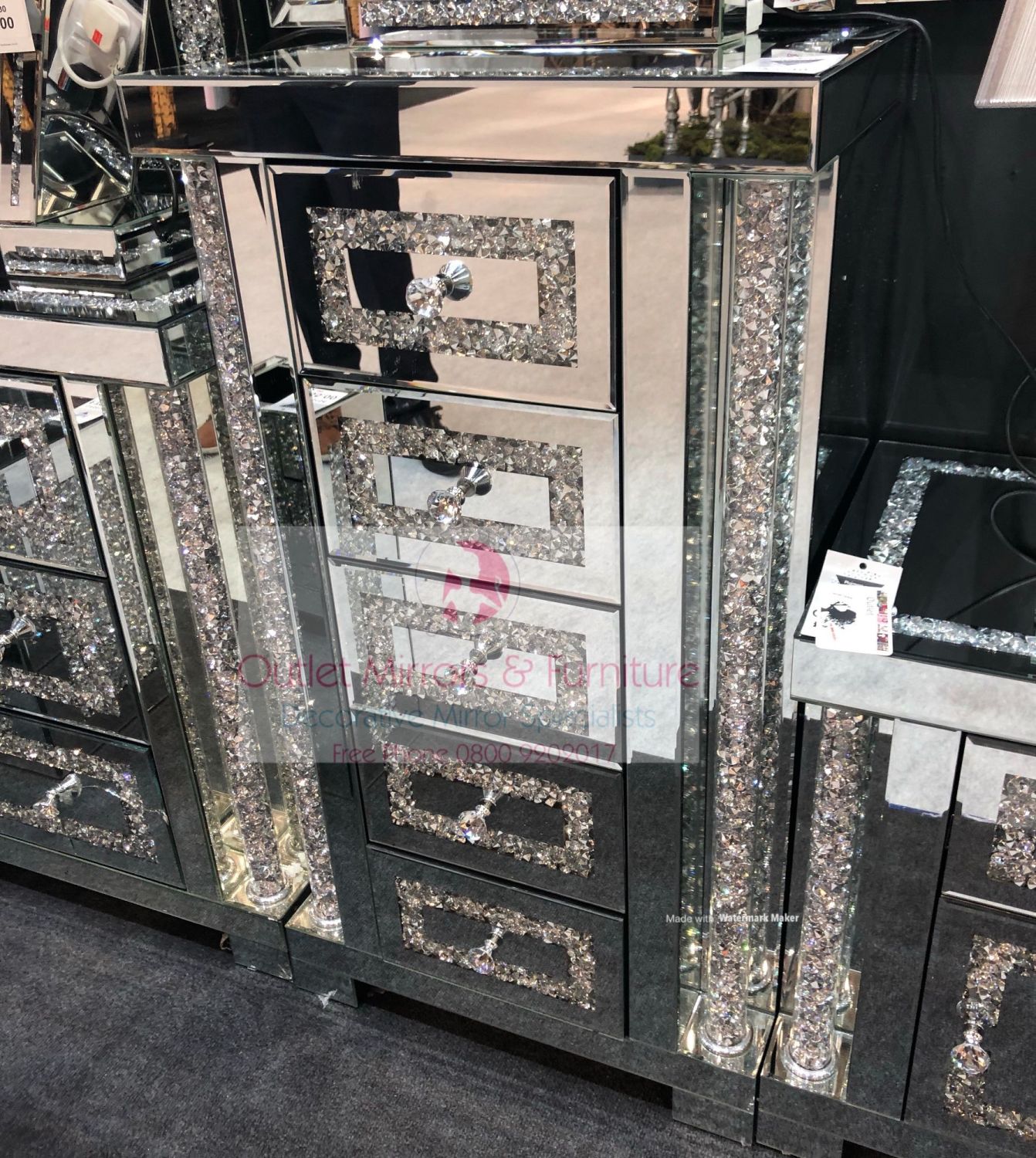 Diamond Crush Sparkle Pillar Mirrored 5 Draw Tall Boy