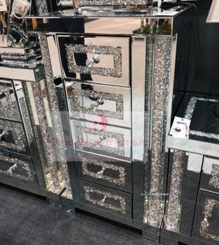 * Diamond Crush Sparkle Pillar Mirrored 5 Draw Tall Boy Chest of Drawers