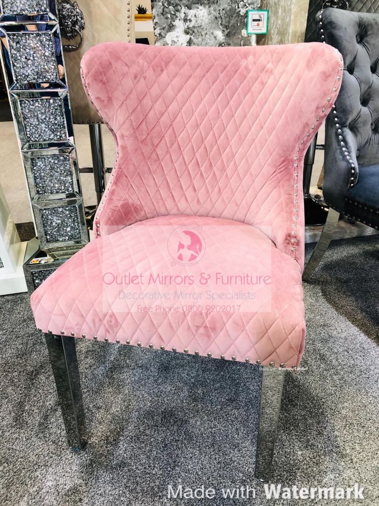 Valentino Lion Knocker Back Dining Chair Quilted Stitch seat and Buttoned Back Design in Pink with Chrome Leg