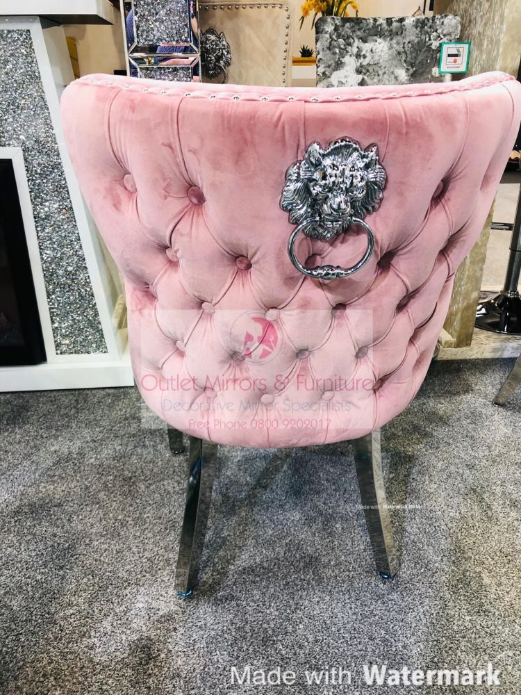 Valentino Lion Knocker Back Dining Chair Quilted Stitch seat and Buttoned Back Design in Pink with Chrome Leg