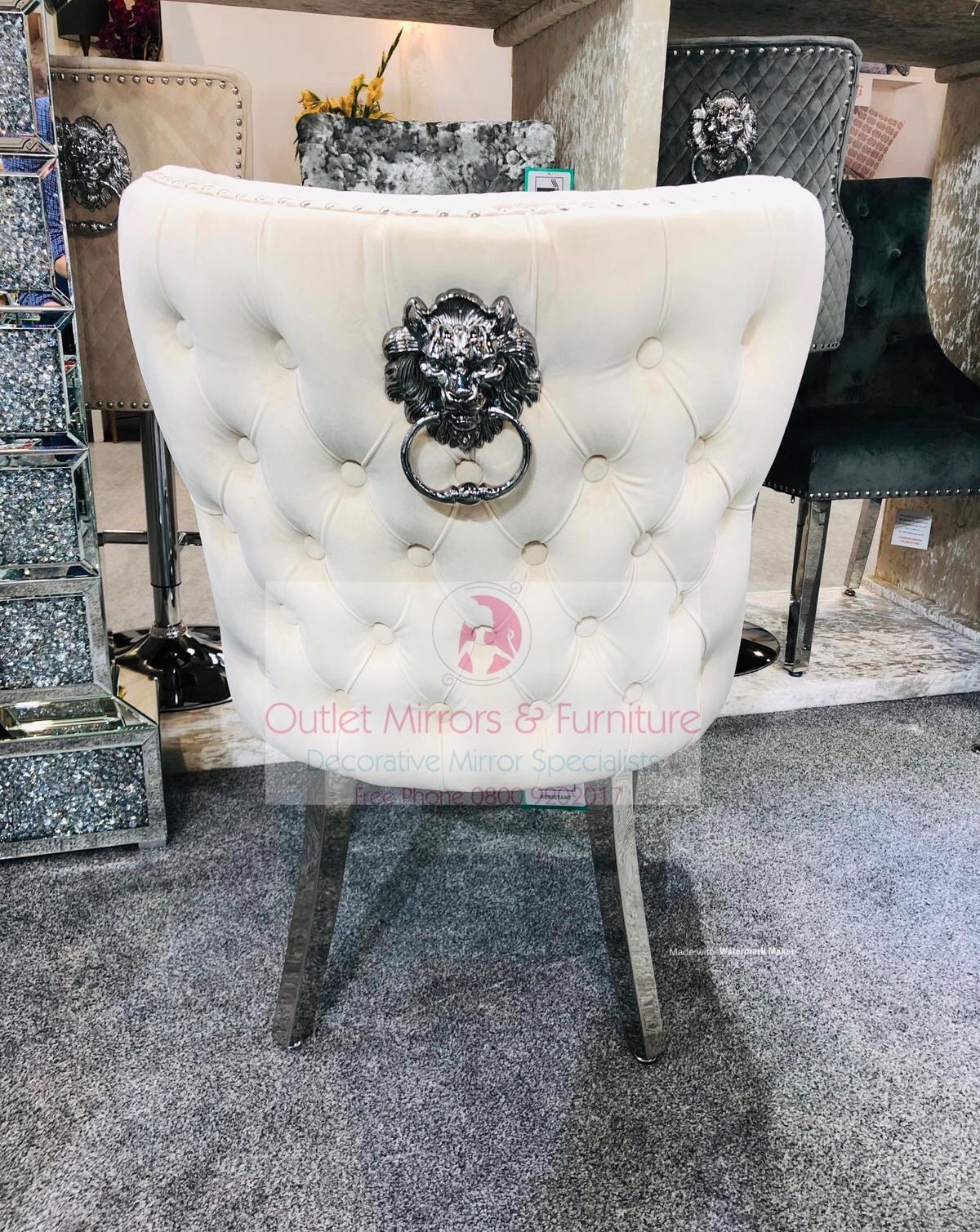 Lion Knocker Back Dining Chair Quilted Stitch seat and Buttoned Back Design in Cream with Chrome Leg