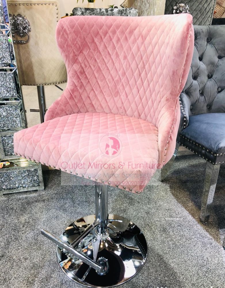 Valentino Lion Knocker Back Stool Quilted Stitch seat and Buttoned Back Design in Pink with Chrome Leg