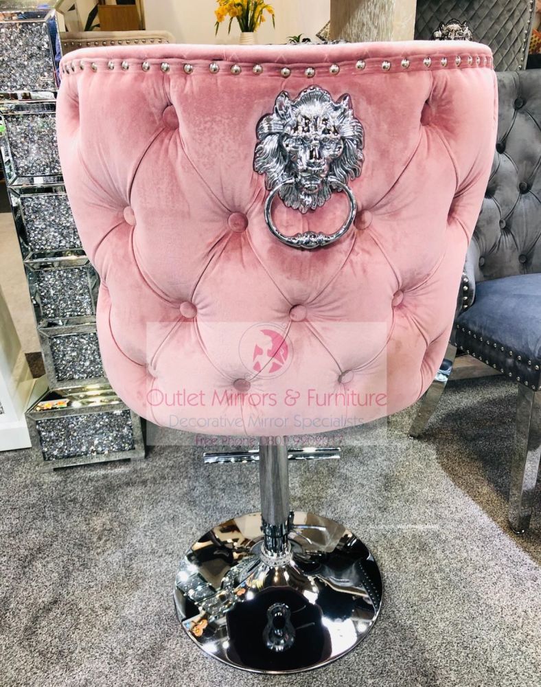Valentino Lion Knocker Back Stool Quilted Stitch seat and Buttoned Back Design in Pink with Chrome Leg