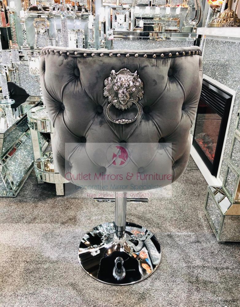 Valentino Lion Knocker Back Stool Quilted Stitch seat and Buttoned Back Design in Grey with Chrome Leg