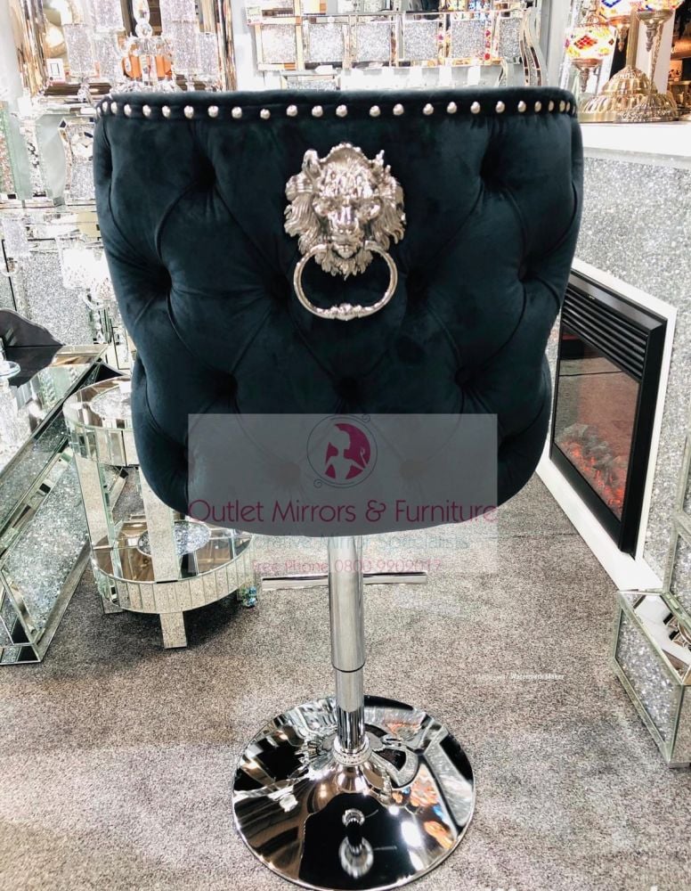 Valentino Lion Knocker Stool Chair Quilted Stitch seat and Buttoned Back Design in Black with Chrome Leg