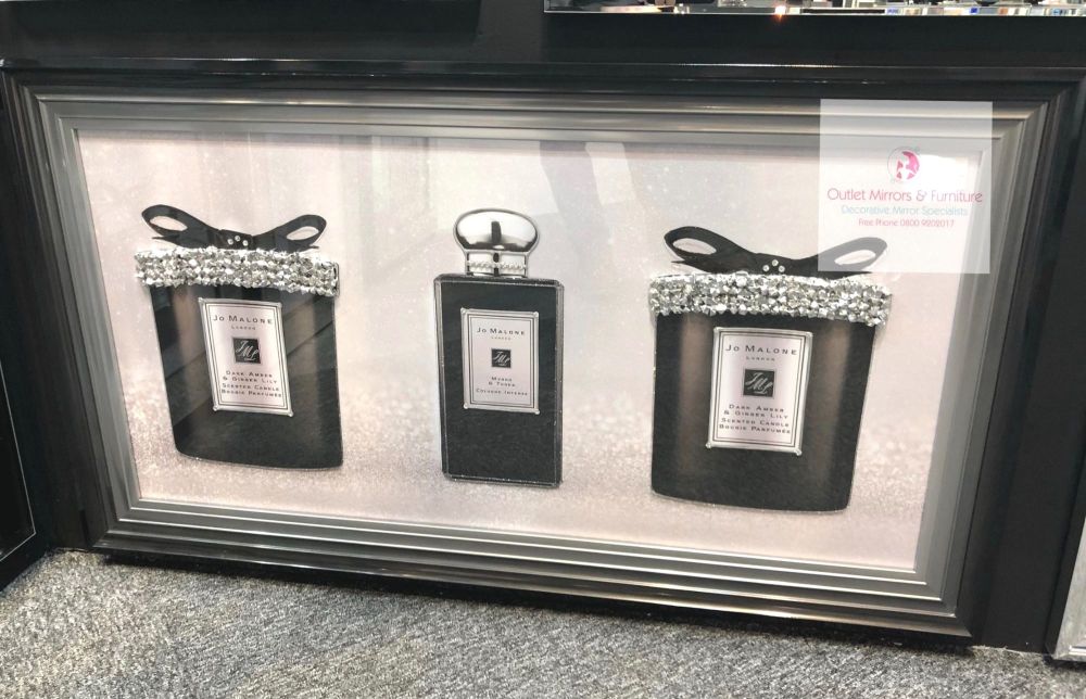 Mirror framed Sparkle art "Jo Malone " in a Black and silver 2 tone  stepped frame