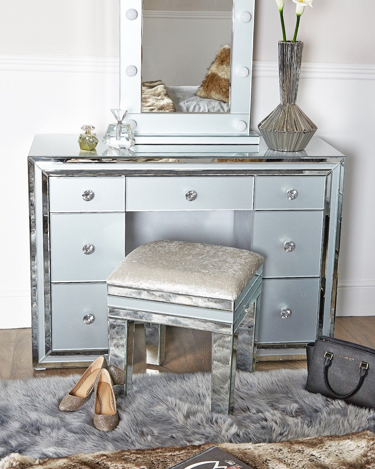 Mirrored Grey 7 Draw Dressing Table
