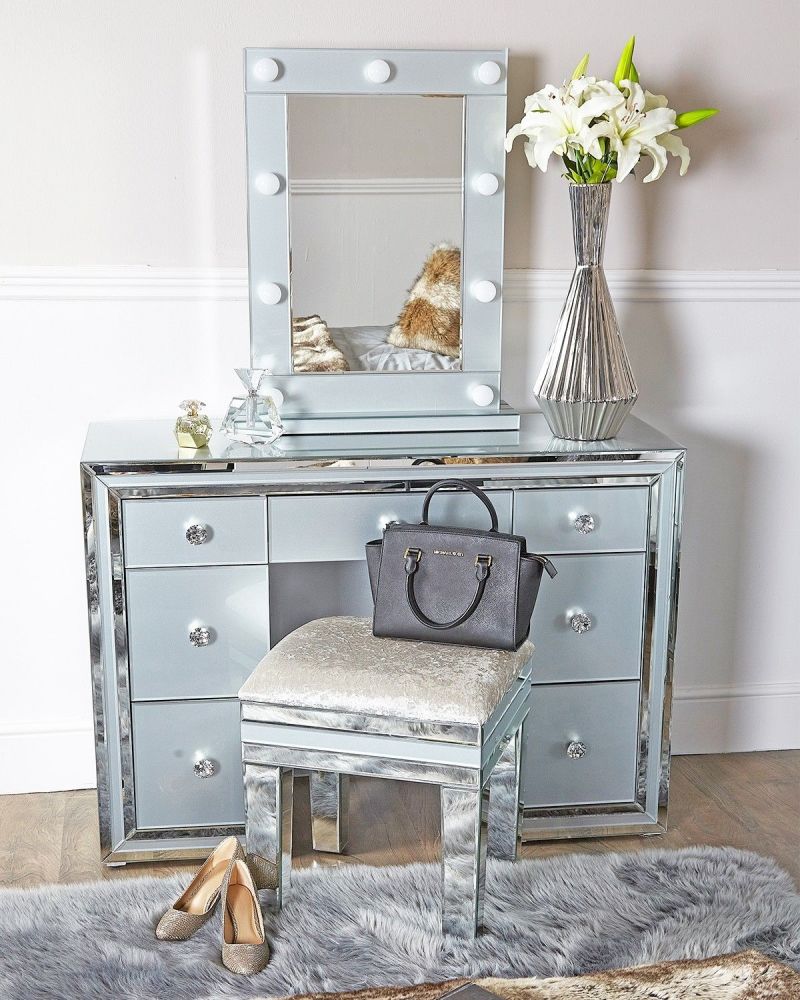Package Deal Mirrored Grey 7 Draw Drsssing Table Stool and Hollywood Mirror