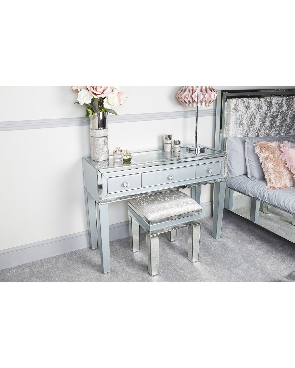 Mirrored Grey 3 Draw Dressing Table with Clear glass Display top
