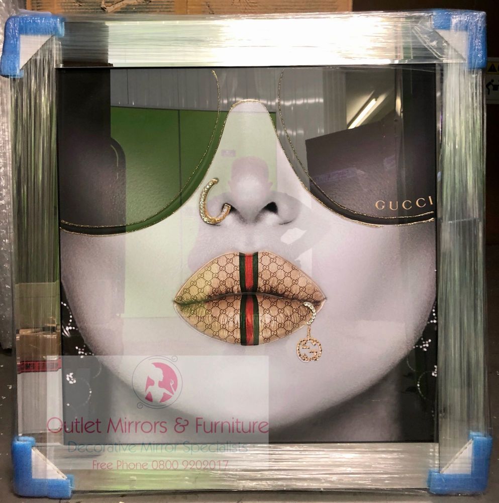 Media Art Gucci Lips Mirror Framed sparkle Art  85cm x 85cm 