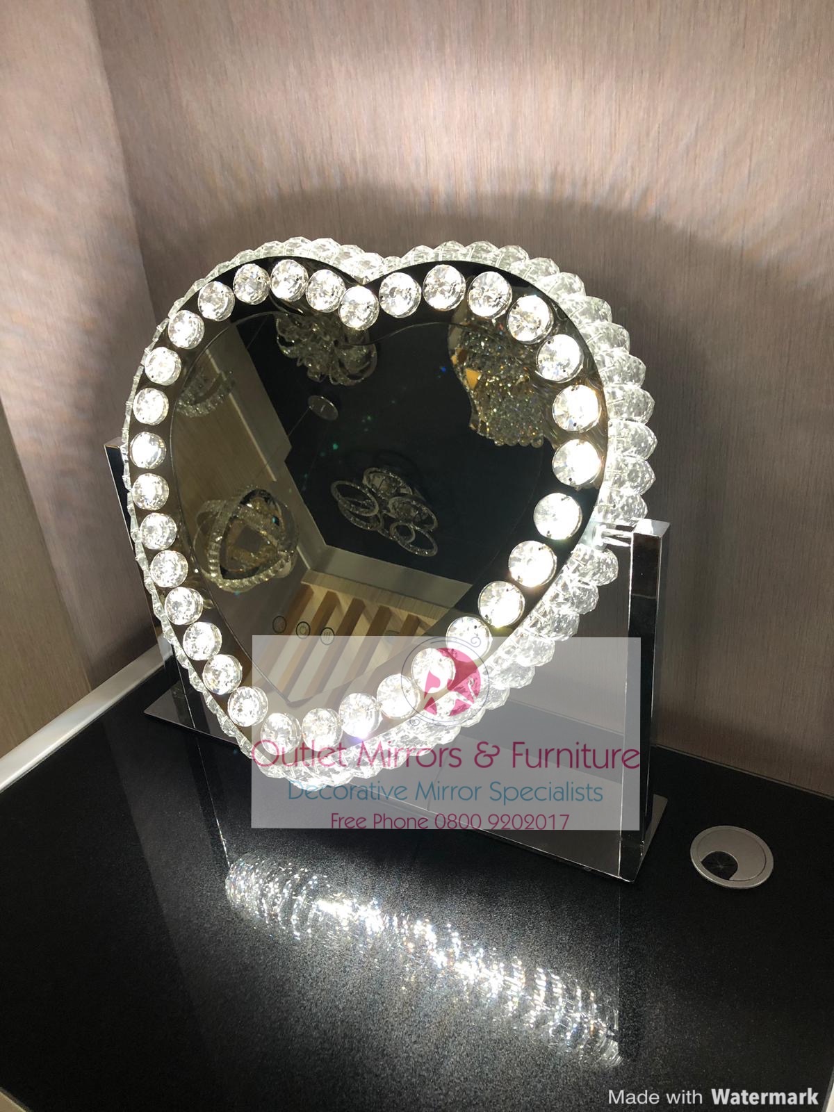 * New LED Crystal Heart Shaped Make Up Mirror 62cm x 13cm x 55cm