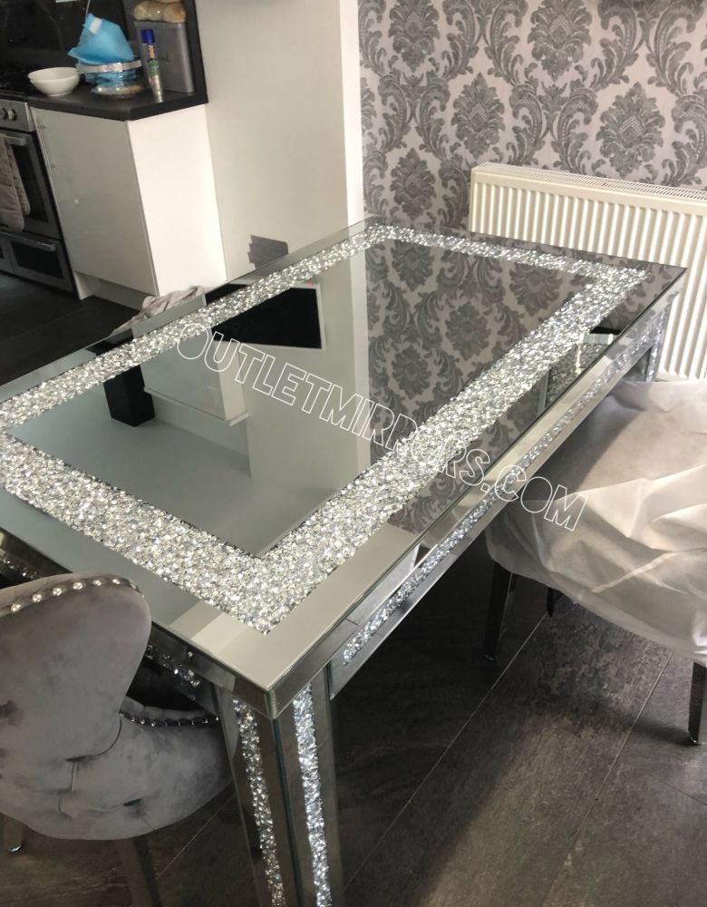 * Diamond Crush Sparkle Mirrored Dining Table 150cm x 90cm with 4 Button Back Lion Knocker Chairs