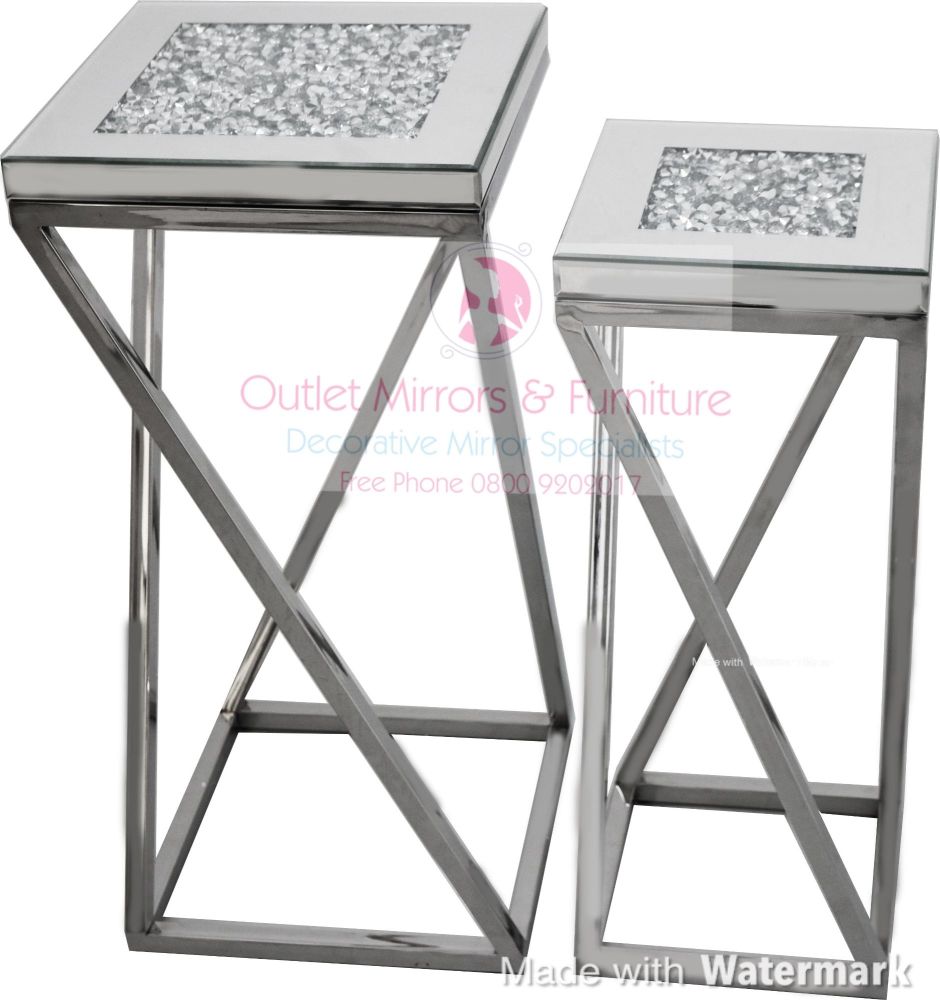 * New Diamond Crush Crystal Sparkle Large & Medium Lamp Tables with Silver Chrome base frame