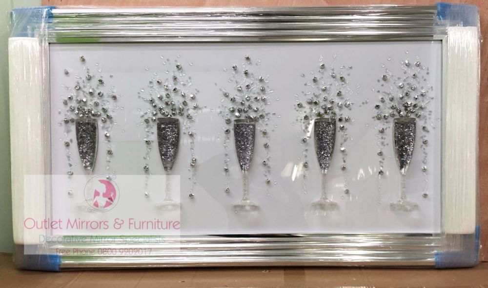3D Champagne flutes Silver wall art on a white background silver chrome stepped frame 