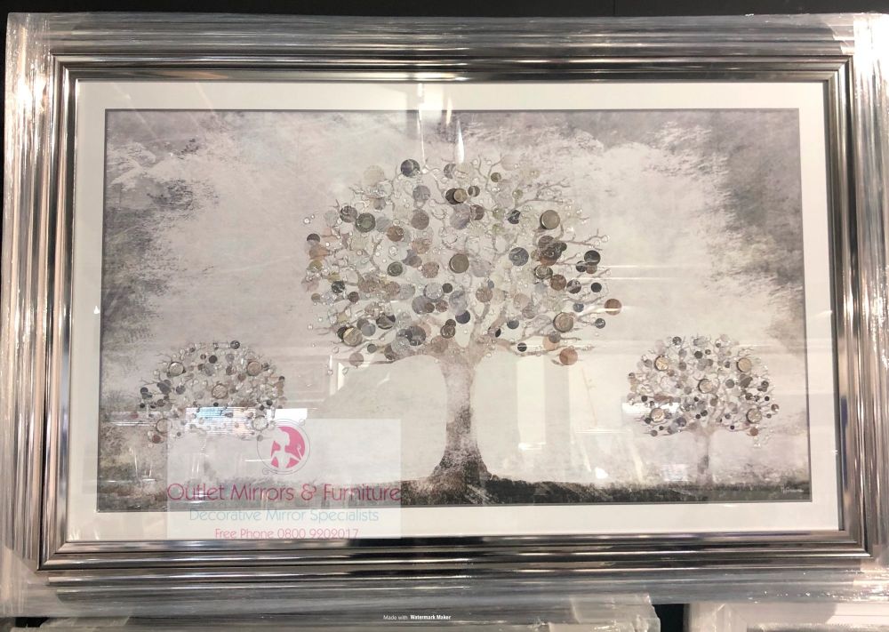framed art print "Glitter Sparkle Money Trees" with real coins in a silver stepped frame 