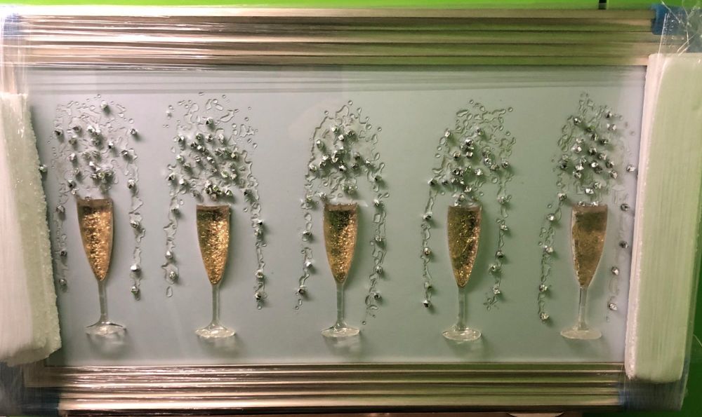 3D Champagne flutes Gold wall art on a white background silver chrome stepped frame  in stock