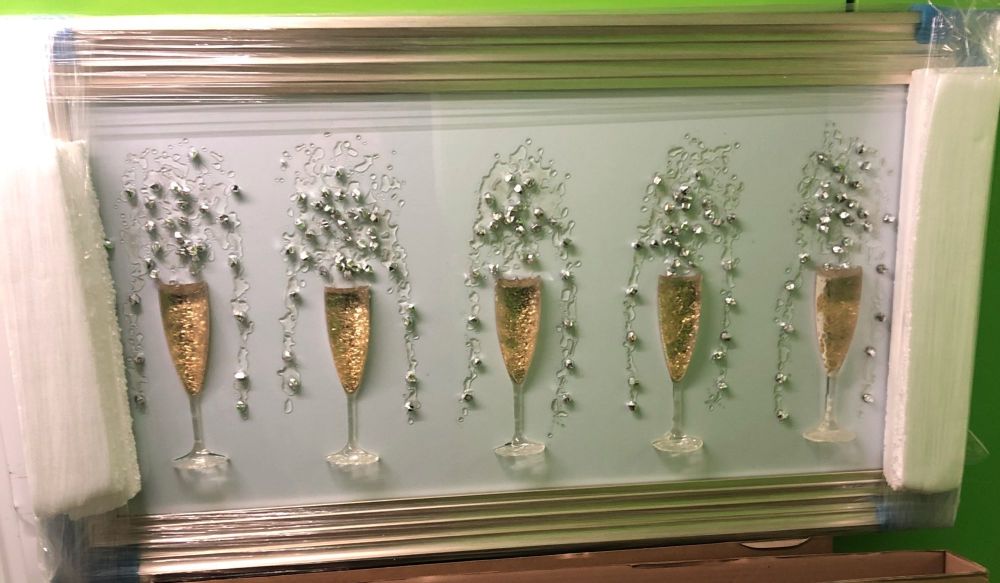 3D Champagne flutes Gold wall art on a white background silver chrome stepped frame  in stock