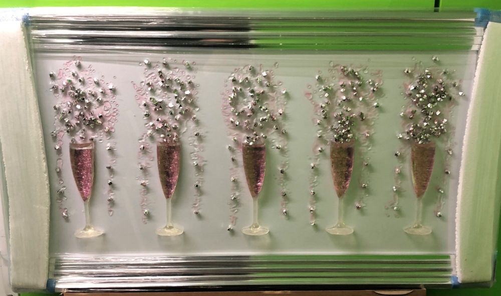 3D Champagne flutes Pink wall art on a white background silver chrome stepped frame  in stock