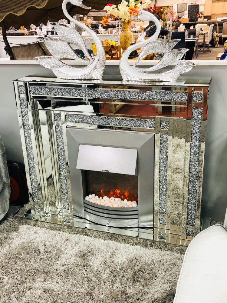 *New Diamond Crush Sparkle Double Band Mirrored fire surround with electric fire 
