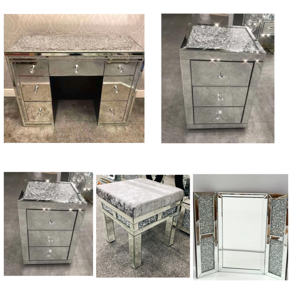 * Monica Package Deal  Diamond Crush Mirrored 7 Draw Dressing Table with a Diamond crush Top, 2 chest of draws, 1 x stool &  tri fold mirror -IN STOCK