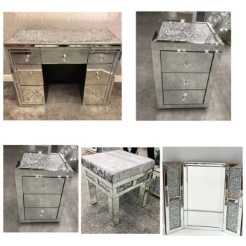 * Monica Package Deal  Diamond Crush Mirrored 7 Draw Dressing Table with a Diamond crush Top, 2 chest of draws, 1 x stool &  tri fold mirror - stock  