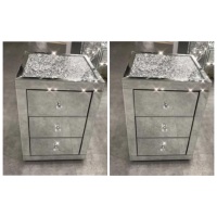 * Monica Diamond Crush Mirrored Pair of  3 Draw Bedside Chest with a Diamond crush Top -IN STOCK