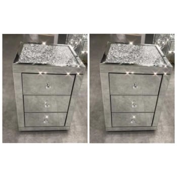 * Monica Diamond Crush Mirrored Pair of  3 Draw Bedside Chest with a Diamond crush Top - in Stock