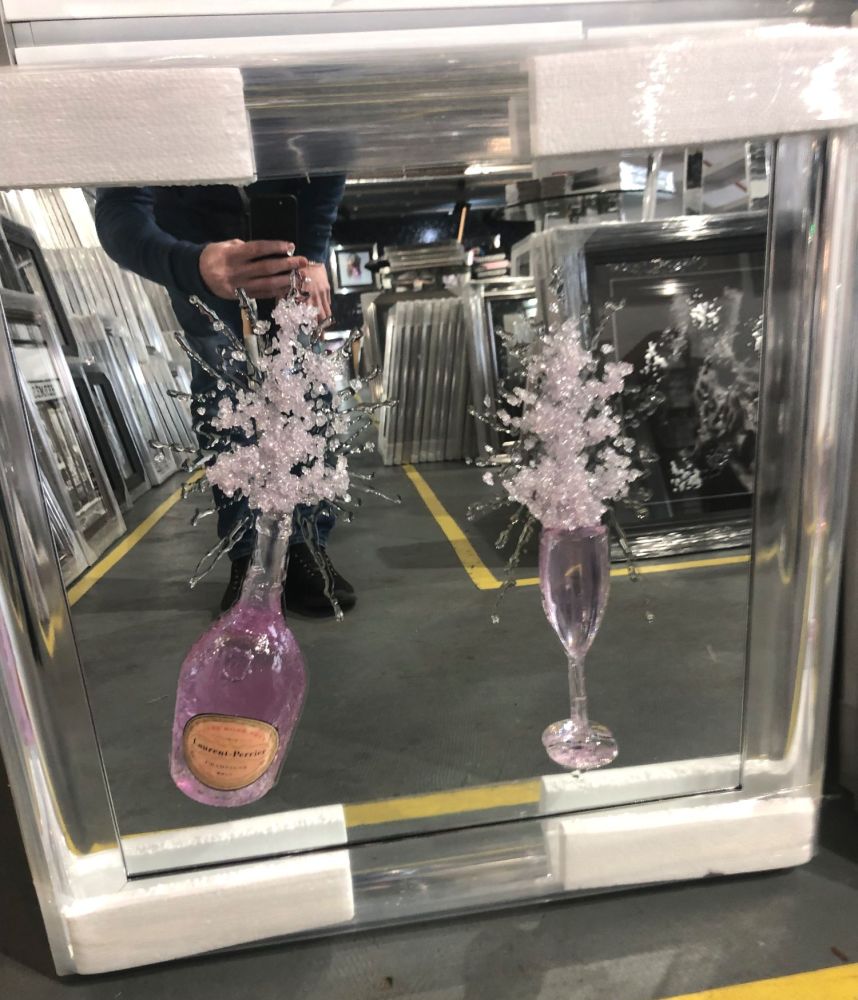 3d Jake Johnson Laurent Perrier Pink Champagne wall art on a Silver mirror