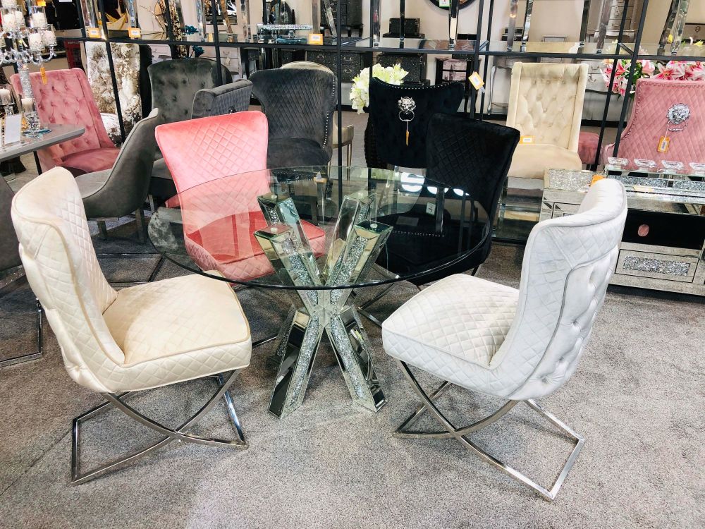 * Diamond Crush Sparkle Mirrored Dining Table Round "Cross Stick" 