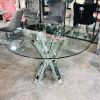 * Diamond Crush Sparkle Mirrored Dining Table Round "Cross Stick" 