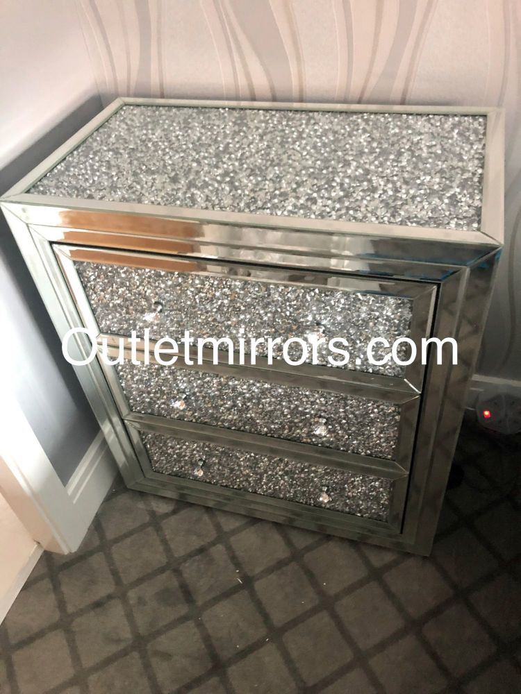 * Diamond Crush Crystal Mirrored 3 draw Large Chest with crush top and draws